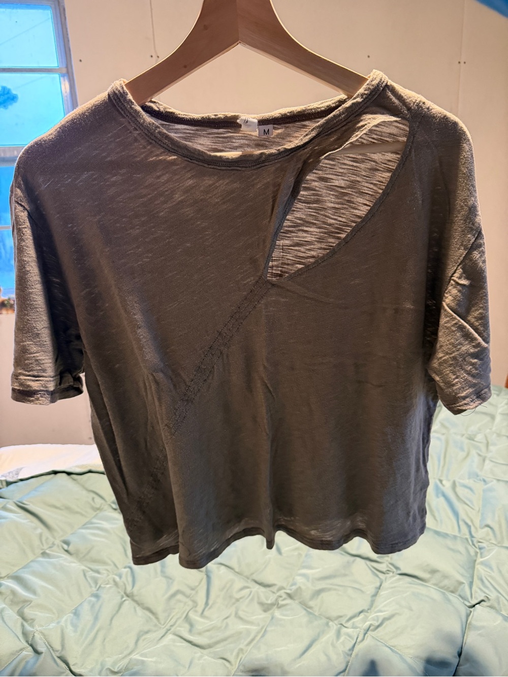 Elan Olive Green Short Sleeve Crop Top with Asymmetric Cutout